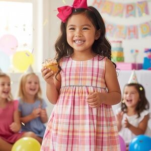 Lands' End Girls Pink and Orange Plaid Sleeveless Dress Size 6 With Pockets